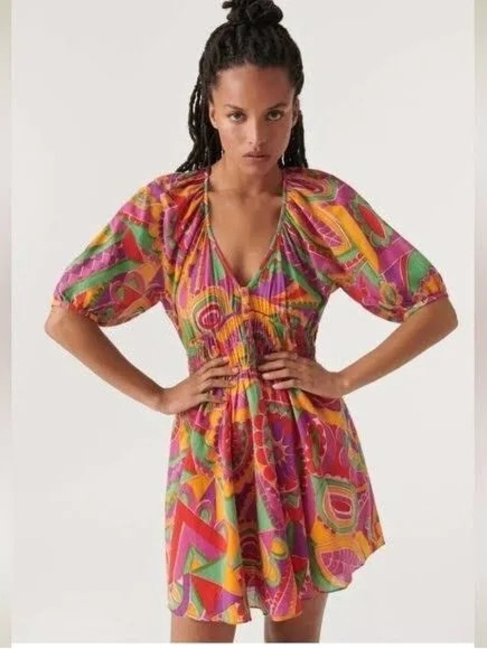 ba&sh Vibrant Abstract V-Neck Mini Dress in purple, Yellow, Green